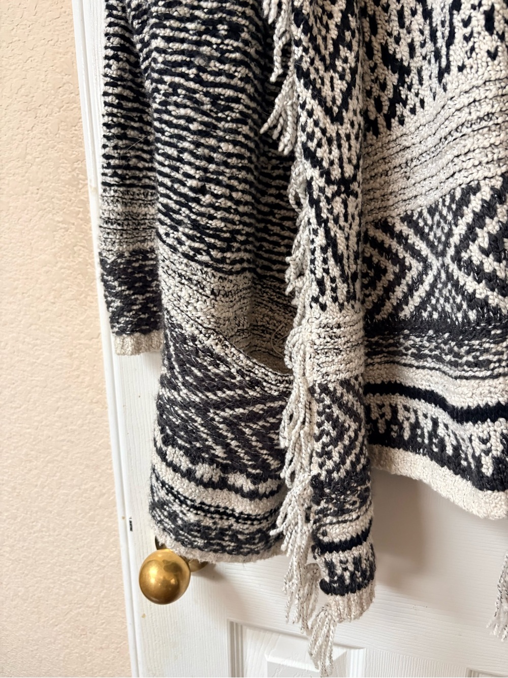 J. Jill Black & Ivory Cream Fringed Open-Front Wool Blend Cardigan Fringe XL - Picture 5 of 7